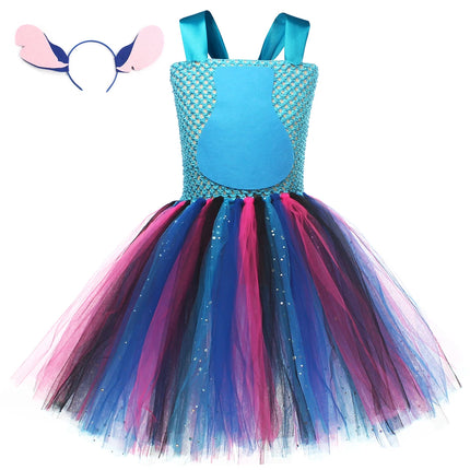 Stitch Cosplay Costume Baby Girls Alien Cartoon Animal Fancy Tutu Dress Kids Halloween Carnival Party Outfit with Ears Hairbow