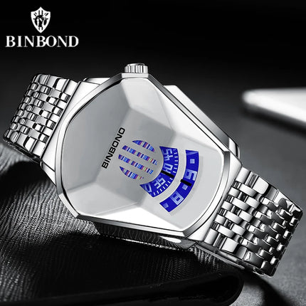 BINBOND Men Popular Fashion Motorcycle Concept Quartz Watch Luminous Steel Band Mesh Watch Touch Screen Black Technology Watch