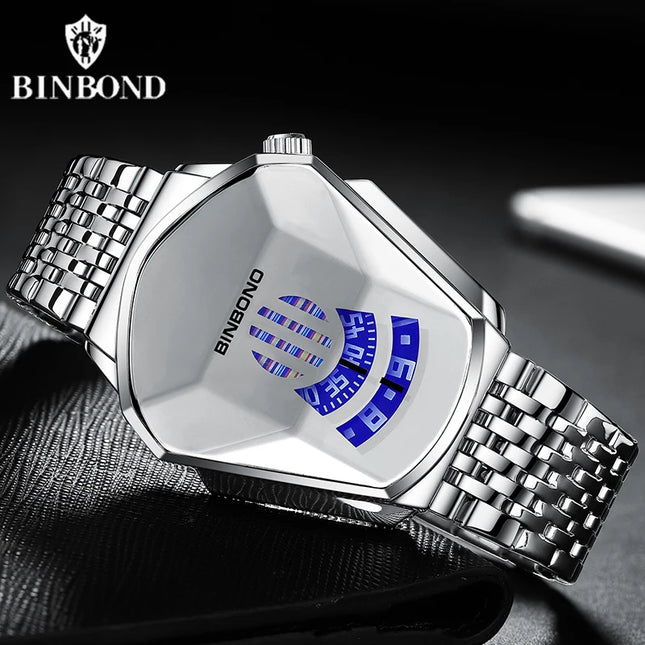 BINBOND Men Popular Fashion Motorcycle Concept Quartz Watch Luminous Steel Band Mesh Watch Touch Screen Black Technology Watch