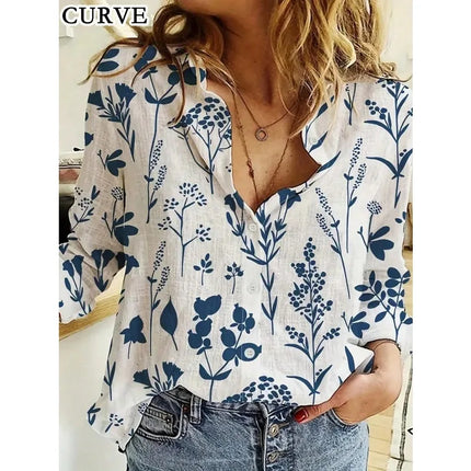Plus Size women's loose and versatile collared button up shirt fashion casual and versatile retro women's printed Top
