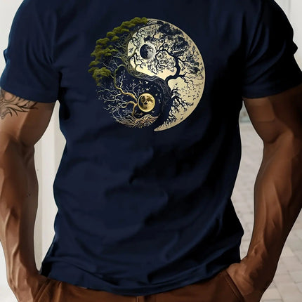 Men's summer 100% pure cotton fashionable casual loose sports yin-yang tree pattern print round neck short-sleeved T-shirt top