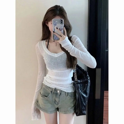 Pink Long Sleeve Slim Fit V-Neck T-Shirt Summer New Style Thin Shirt Inner Wear Casual Fashion Women's Clothing