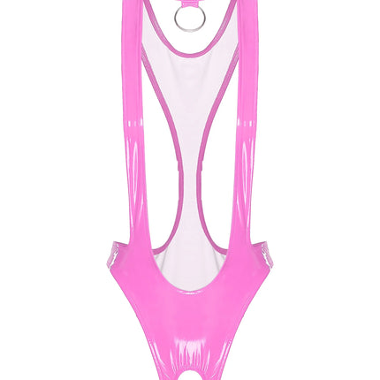 Womens Glossy Patent Leather Bodysuit and Choker Open Crotch Monokini Sling Leotard Swimwear with O-ring Clubwear Nightwear