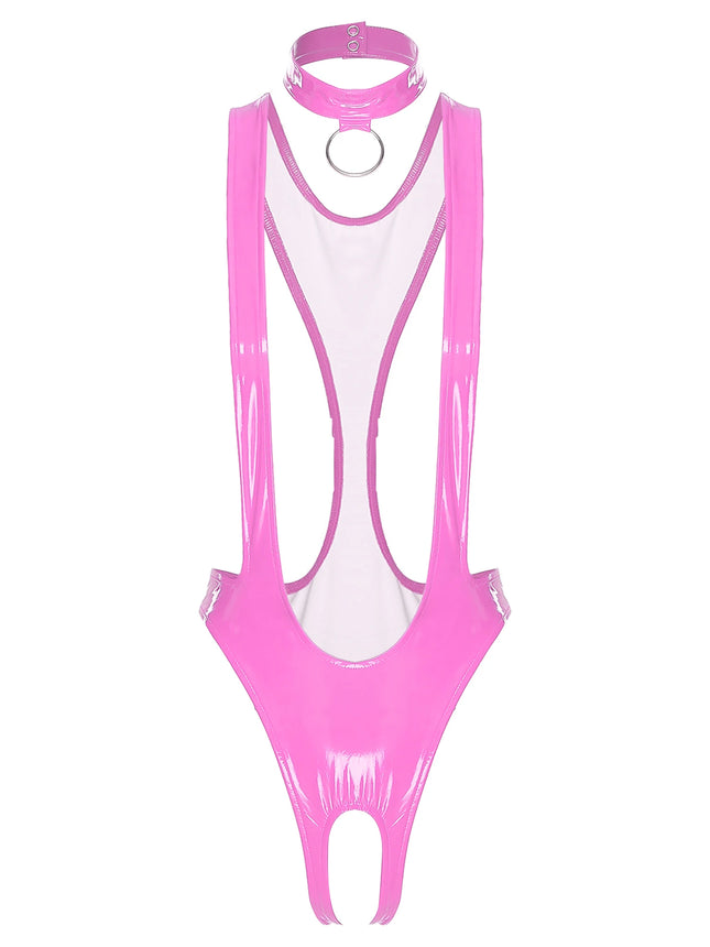 Womens Glossy Patent Leather Bodysuit and Choker Open Crotch Monokini Sling Leotard Swimwear with O-ring Clubwear Nightwear