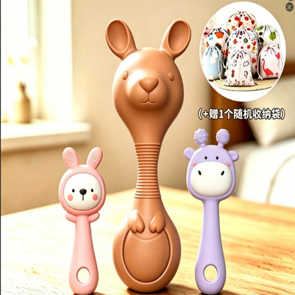 Food-Grade Silicone Baby Rattle Toy Set (Big Kangaroo, Bunny & Deer), Biteable for Baby Grasping Training