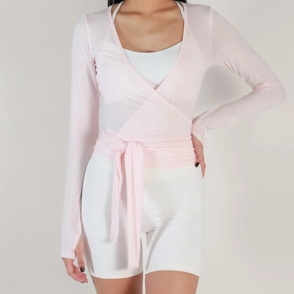 Women Sexy Wrap Crop Tops Tees Long Sleeve Deep V Neck Tie Workout Ballet Pilates Yoga T-Shirts with Thumb Holes Cropped Tops