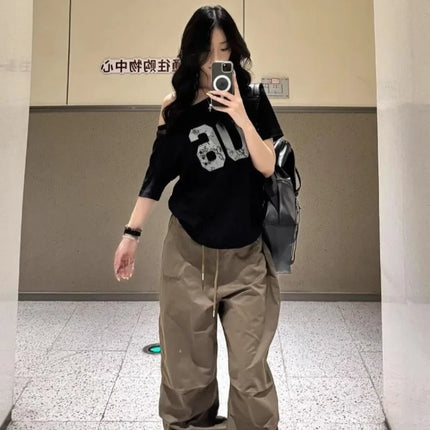 Black Off Shoulder Slant Neck Short Sleeve T-Shirt 2025 Summer Women Sweet Cool Loose Casual Streetwear Fashion