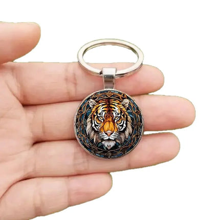 Stained Glass Style Tiger Head Round Keychain, Animal Pattern Glass Cabochon Metal Key Ring, Cool Wildlife Fashion Accessory Gift for Men