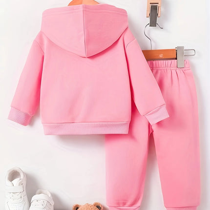 A cute dog pattern printed fleece hoodie and pants set for baby girls in autumn and winter for newborns