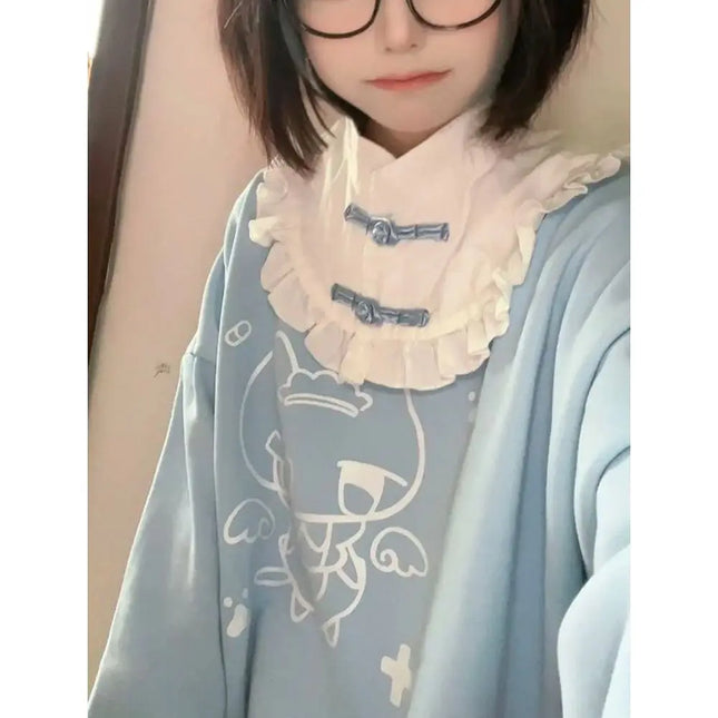 Onalippa Fashion Autumn Winter New Cute Printed Long Sleeved Sweater Women Sweet Versatile Button Up Ruffle Anime Loose Top