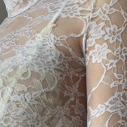 Women's Lace Floral T-shirt Long Sleeve Mock Neck Lace Slim Tee Tops Summer Sexy Retro See Through Crop Tops