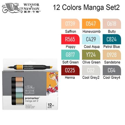 WINSOR&NEWTON Professional Promarker Pen 6/12 Colors Double-side(round toe and oblique) Drawing Design Marker Pen