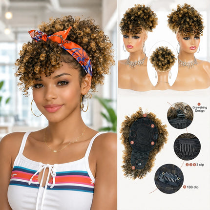 Ombre Brown Blonde Short Afro Puff Drawstring Ponytail Hair Bun, Synthetic Curly Bangs Wrap Around Headband Hairpieces for Women