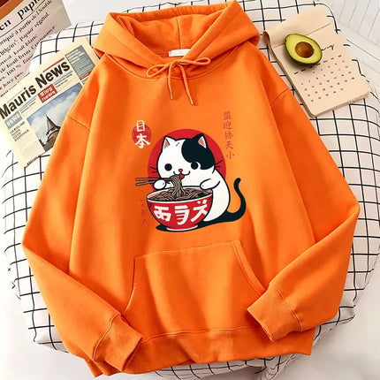 Japanese Style Cat Eat Ramen Hoodie Manga Cat Children's Sweatshirt Cute Hoody Casual Hoodies Spring Unisex Clothes