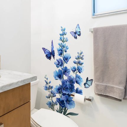 1Pc Romantic Blue Flower Butterfly Wall Sticker Living Room Bedroom Decor Home Wall Decor Self-adhesive Stickers Room Decoration