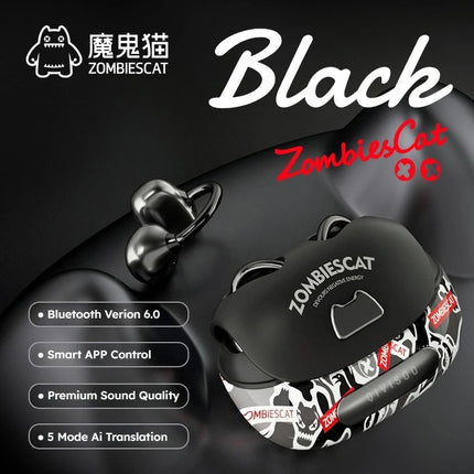 Zombies Cat B23 Graffiti Design Bluetooth 6.0 OWS Ear Clip Earbuds AI Translating Headphone TWS Wireless Earphone with Smart APP