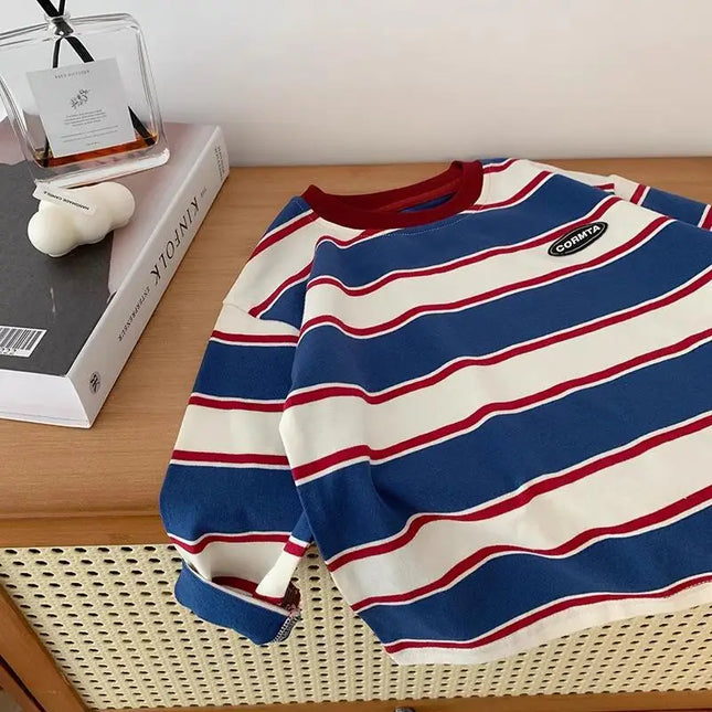 2025 Stylish Boys' Striped Sweatshirt  Comfortable Long Sleeve Top for Spring & Autumn Casual Base Layer Shirt