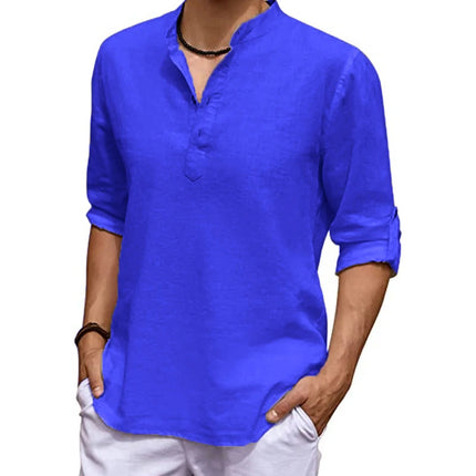 New Men's Linen Long Sleeve V-neck T Shirt Solid Color Oversize Casual Shirt Cotton Shirt Plus Size Yoga Button Shirts for Men