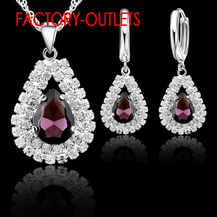 Hot Sale Genuine 925 Sterling Silver Bridal Jewelry Sets Shiny Crystal Water Drop Necklaces Hoop Earrings Women Party Engagement