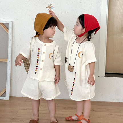 RAISE 2026 Summer Siblings Attires Children Pure Cotton Pajamas Set Kids Boys Tees+shorts Homewear Suit Kids Girls Print Dress
