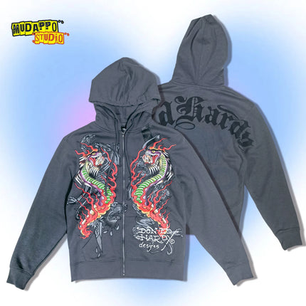 Retro American Rock Print Fleece Lined Hoodie Jacket for Women Punk Street Style Zipper Closure Long Sleeve Oversized Sweatshirt