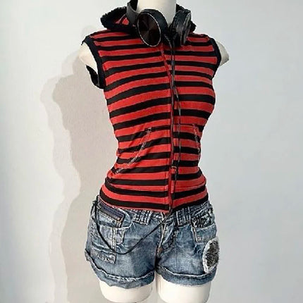 Y2K Punk Striped Sleeveless Hooded Vest Slim Soft Fleece Waistcoat Gothic Grunge Streetwear Crop Pocket Women Casual Tank Top