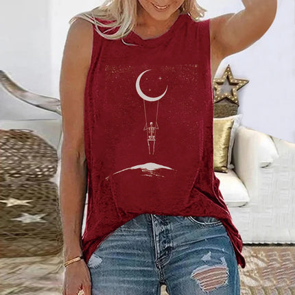 Seeyoushy New Funny Skeleton Travel Around Space Print Women T-shirts Round Neck Loose Summer Tee Shirt Sleeveless 90s Tops