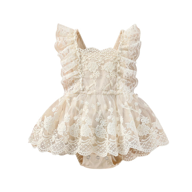 Baby Girls' Summer Romper, Solid Floral Lace Embroidery Skirt Layered Adjustable Straps Bodysuit, Snap Triangle-Bottom Jumpsuit