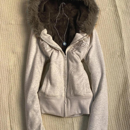 Y2k Aesthetic Vintage Fur Patchwork Hoodies Autumn Grunge Letter Embroidery Hoody Streetwear Cropped Zipper Sweatshirt Jackets