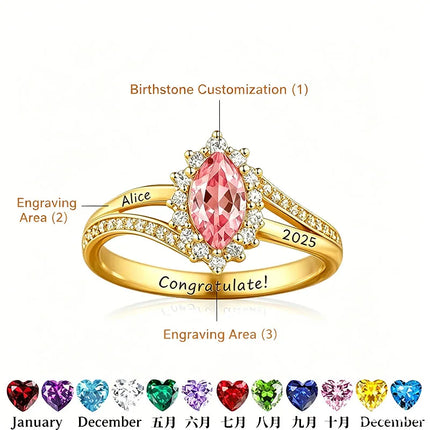 Personalized Class Rings cut Birthstone Halo High School Graduation Ring Custom Birthstone Name University College Ceremonies