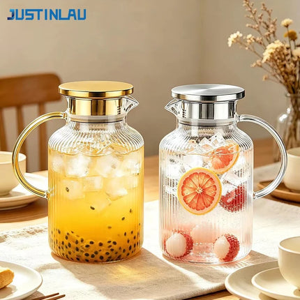 JUSTINLAU 1.8L Cold Water Pitcher High Borosilicate Glass Fruit Tea Kettle Stripe Boiled Water Jug Summer Juice Drink Tea Kettle