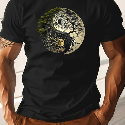 Men's summer 100% pure cotton fashionable casual loose sports yin-yang tree pattern print round neck short-sleeved T-shirt top
