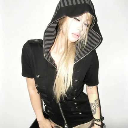 2026 Zebra Print Zip Up Hoodie Women's Clothing Hooded Short Sleeve Sweatshirts Y2k Tops Punk Causal Tees Fashion Summer Hoodies