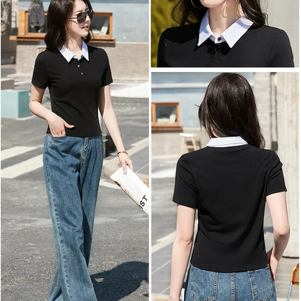 Summer New Cotton Polo Shirt Solid Color Polo Neck Short Sleeve High Waist Short Style Slim Fit Fashion Casual Women's Shirt