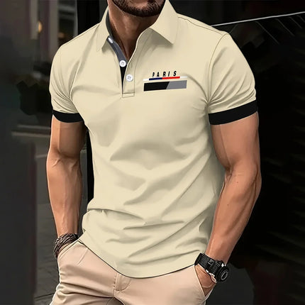 Parisian print short-sleeved polo shirt for men's casual style, multi-functional lapel shirt, summer street men's casual breatha