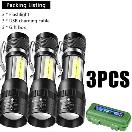 Mini Tactical LED High Power Flashlight Rechargeable Zoom Strong Waterproof Outdoor Camping Torch COB Side Lights 3 Modes