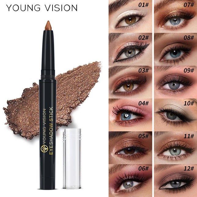 YOUNG VISION 12 Color Eyeshadow Stick Waterproof  Pearl Shimmer cream formula easy to color fine and smooth Woman makeup