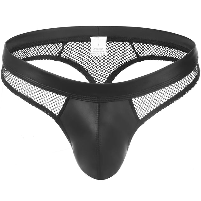 Men's Sexy Transparent G String Hip-Baring Lingerie Faux Leather U Convex Thong T-Back Big Penis Pouch PU Anal Jockstrap Panties