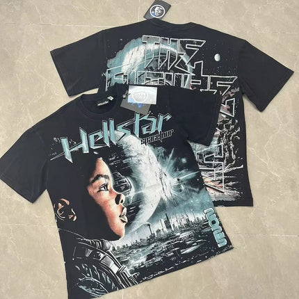 Retro Washed Loose Ex-Ort Sweet T-shirt Hell Star Skull Letter Print High Street Short Sleeve Summer Top for Men and Women
