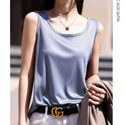 High-End Acetate Fiber Women's Knitted T-shirt with Suspender European Fashion Style Popular Women's Top