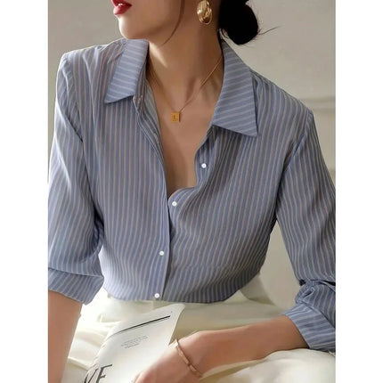 Plus Size 1XL-5XL New Women's Striped Shirt Long Sleeve Blue Shirt Autumn Gentle Chiffon Shirt Top