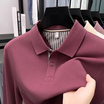 Men's casual long-sleeved pure cotton Polo shirt, new style for autumn, loose fit, pure color, classic, lapel Polo shirt