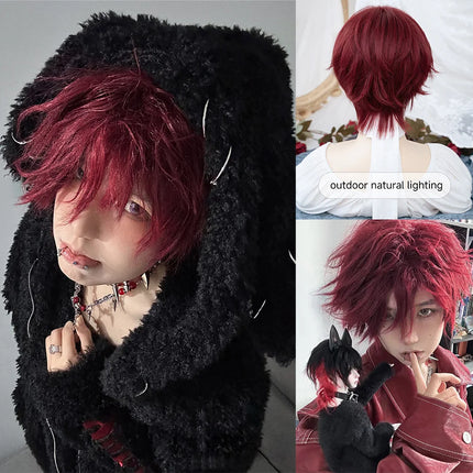 12Inch Personality Wine Red Synthetic Wig With Bang Short Natural Straight Hair For Men or Women Cosplay Heat Resistant LGBTQ