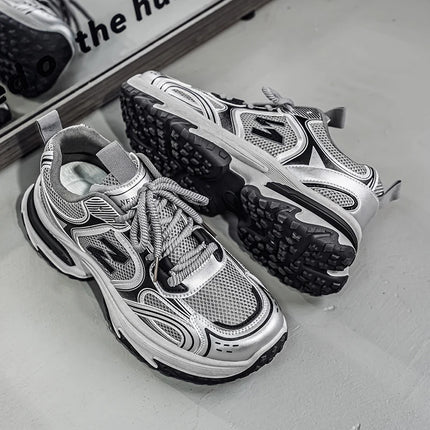 Men's Chunky Silver/White Sneakers | Retro Dad Shoes with Thick Platform Sole | Breathable Mesh Upper
