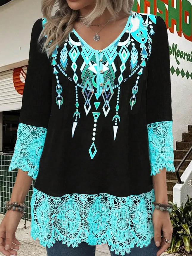 Plus Size 1XL-5XL Women Fashion  Floral Print V-neck Blouse Long Sleeve Shirt Ladies Casual Elegant Blouse Lace Detailing Shirt