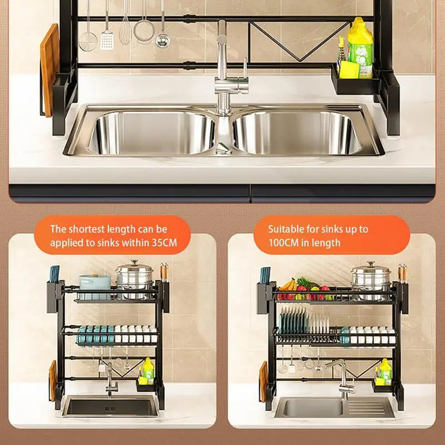 2 Tier Drainer Expandable Kitchen Sink Shelf Countertop Dish Organizer Sink Dish Rack Dish Rack With Chopstick Cylinder