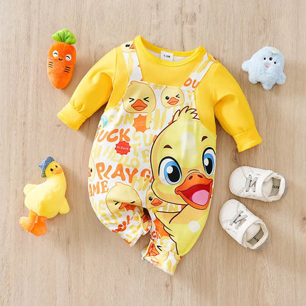 Baby Boys Girls Cartoon Yellow Duck Autumn Long Sleeve Onesie Romper Jumpsuit Infant Toddler Newborn 0-18 Months Warm Soft Cozy