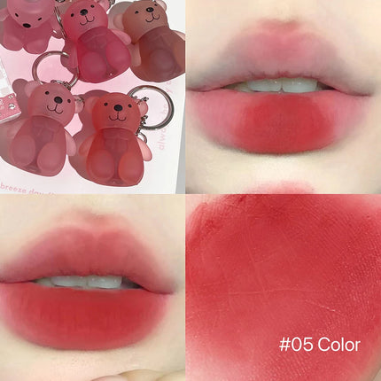 Cute Bear Velvet Lip Mud Keychain Matte Nude Red Lip Gloss Autumn Winter Non-stick Cup Lipstick Waterproof Lasting Lips Makeup