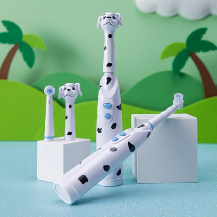 Kids electric toothbrush, battery powered, baby spotted dog design, with dust cover, cartoon cat/lion, round head.