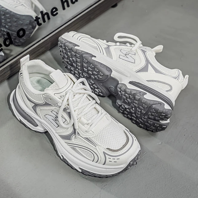 Men's Chunky Silver/White Sneakers | Retro Dad Shoes with Thick Platform Sole | Breathable Mesh Upper